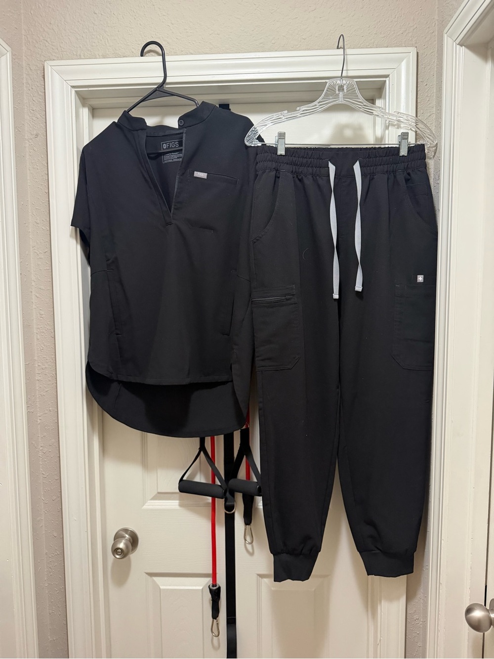 Figs Black Drawstring Cargo Joggers with Contrast White Ties